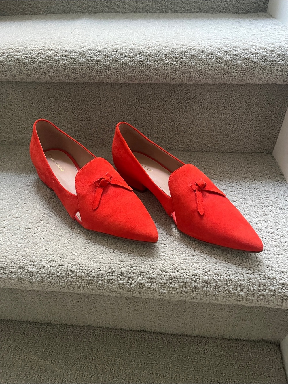 Cole Haan Red Suede Pointed Toe Loafers with Knot Detail